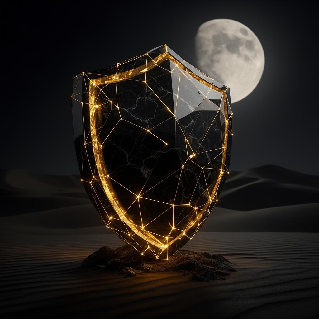 Faceted onyx shield wrapped in a golden network lattice