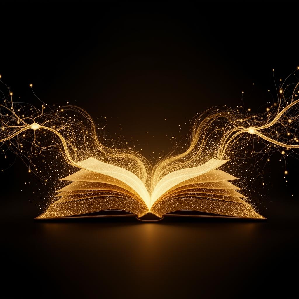 Glowing book dissolving into knowledge particles