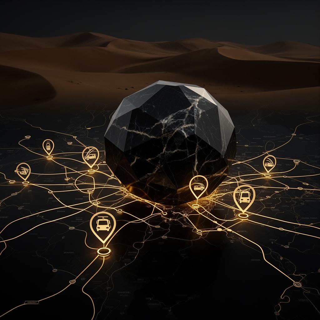 Onyx form linked to a golden transport network across a dark map